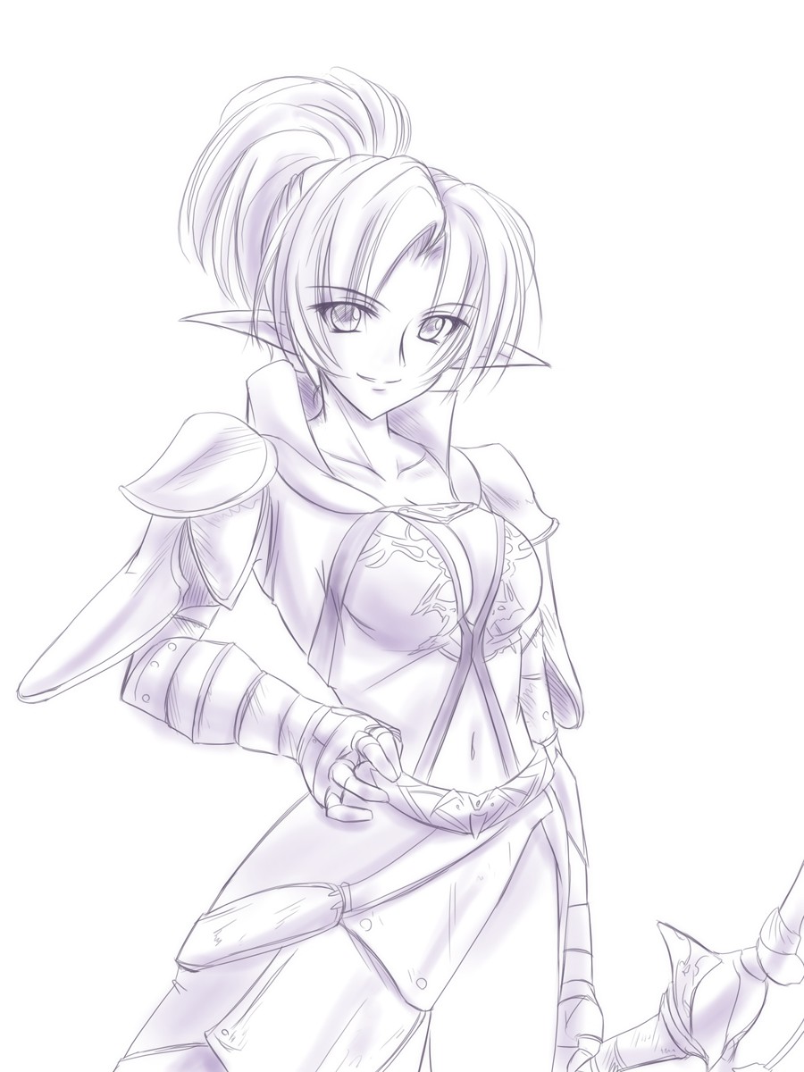 tenmaso, dark elf (lineage 2), lineage, lineage 2, highres, 1girl, armor, bow, breasts, cleavage, collarbone, dark elf, elf, female focus, large breasts, monochrome, navel, pointy ears, ponytail, purple theme, sketch, smile, solo
