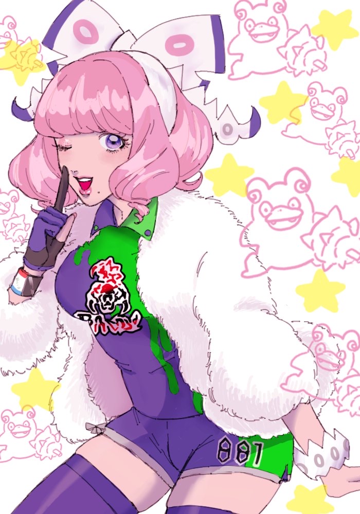 galarian slowpoke, klara (pokemon), nintendo, pokemon, pokemon swsh, 100473, 1girl, bow, bracelet, breasts, collared shirt, drill hair, dynamax band, eyeshadow, flipped hair, fur jacket, galarian form, gen 8 pokemon, gloves, hair bow, hairband, hand up, index finger raised, jacket, jewelry, makeup, medium breasts, mole, mole under mouth, one eye closed, partially fingerless gloves, pink eyeshadow, pink hair, pink lips, print shirt, print shorts, purple eyes, shirt, short hair, shorts, side slit, side slit shorts, single glove, smile, solo, teeth, twin drills, two-tone shirt, two-tone shorts, two-tone thighhighs, upper teeth only, white bow, white hairband