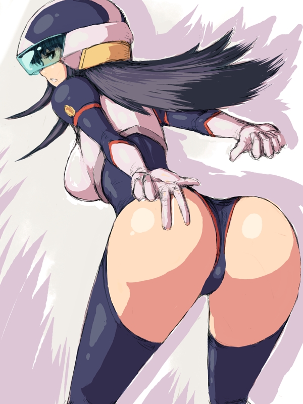 fumio (rsqkr), fujimura shizuru, shinkon gattai godannar!!, visor, 00s, 1girl, arms behind back, ass, back, bent over, black hair, blue thighhighs, bodysuit, breasts, clenched hand, cowboy shot, female focus, flipped hair, from behind, gloves, helmet, large breasts, leaning forward, leotard, long hair, looking at viewer, looking back, parted lips, profile, shadow, solo, thighhighs