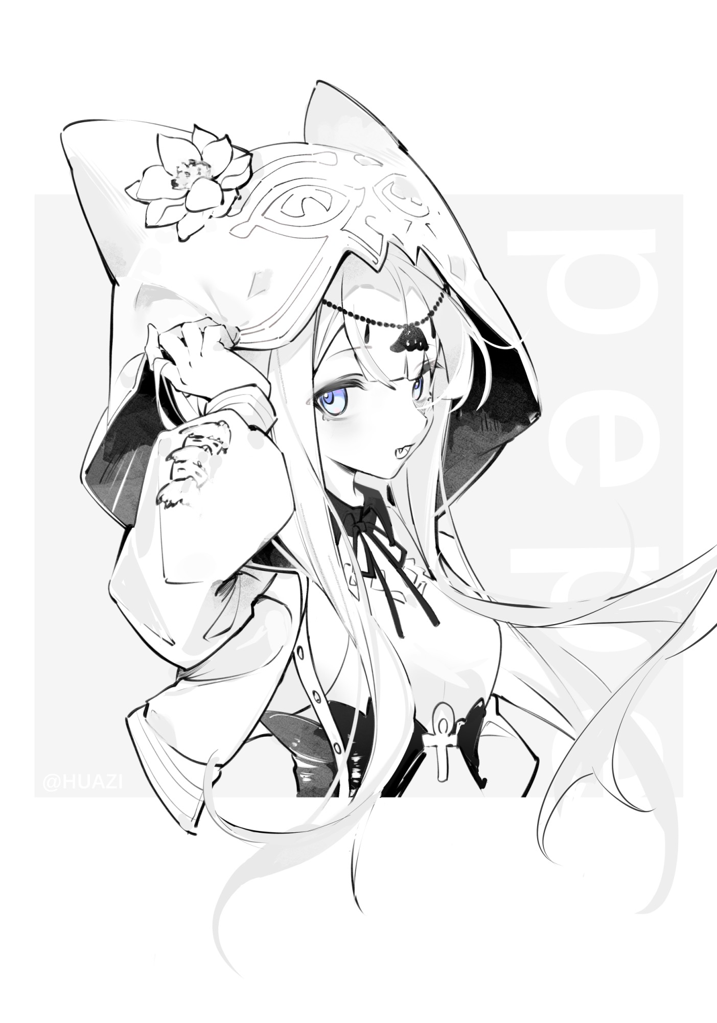 huazihuazihz, pepe (arknights), arknights, highres, 1girl, :d, ankh, arm up, blue eyes, border, character name, cropped torso, flower, greyscale, head chain, hood, hood up, hooded jacket, jacket, jewelry, long hair, long sleeves, looking at viewer, monochrome, neck ribbon, open mouth, outside border, ribbon, smile, solo, spot color