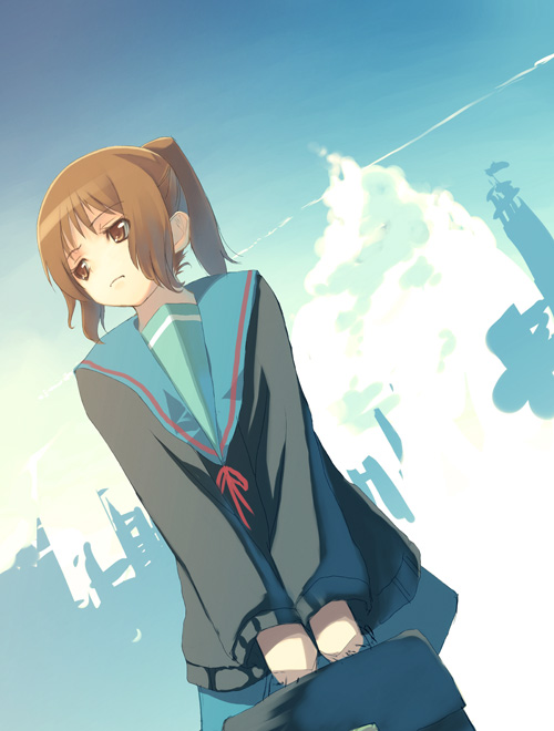 hisagi hotaru, kyonko, suzumiya haruhi no yuuutsu, bad id, bad pixiv id, 00s, 1girl, brown eyes, brown hair, cardigan, female focus, genderswap, genderswap (mtf), ponytail, school uniform, serafuku, sky, solo