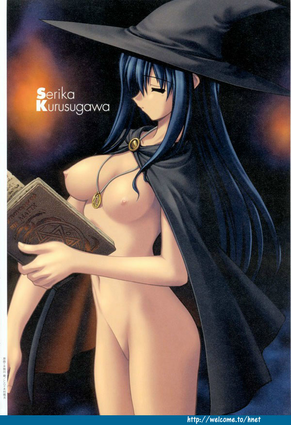 kurusugawa serika, to heart, to heart (series), scan, scan artifacts, 1girl, blue hair, book, breasts, cape, character name, closed eyes, cowboy shot, female focus, from side, hat, holding, holding book, jewelry, large breasts, long hair, naked cape, navel, necklace, nipples, nude, open book, pendant, pointy nose, pussy, solo, stomach, symbol, thighs, watermark, web address, witch hat