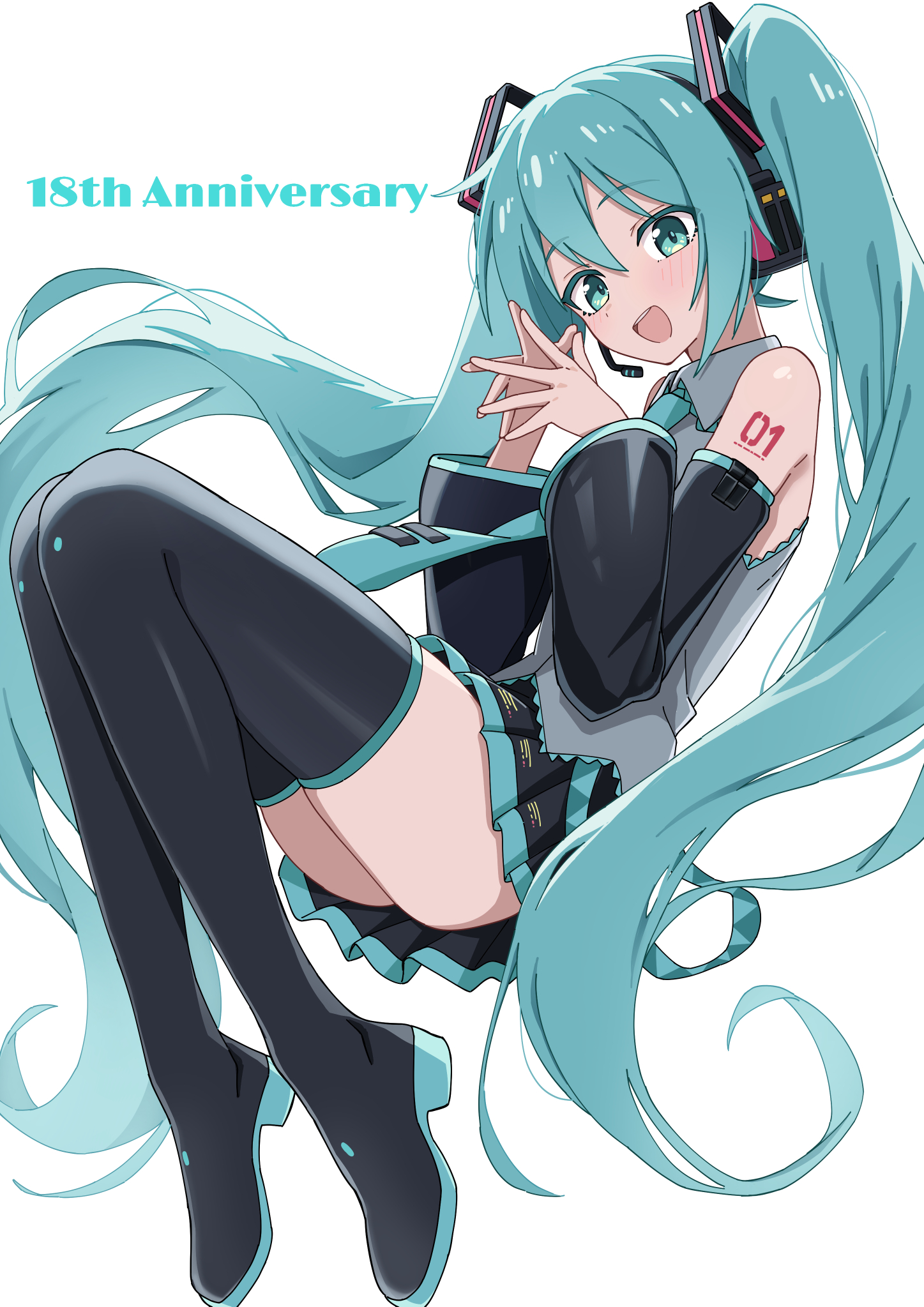 maud0239, hatsune miku, vocaloid, commentary, highres, 1girl, :d, anniversary, bare shoulders, black boots, black skirt, black sleeves, blue eyes, blue hair, blue necktie, blush, boots, collared shirt, detached sleeves, full body, grey shirt, hair between eyes, headset, long hair, long sleeves, looking at viewer, miniskirt, necktie, number tattoo, open mouth, own hands together, pleated skirt, shirt, shoulder tattoo, simple background, skirt, sleeveless, sleeveless shirt, smile, solo, tattoo, thigh boots, twintails, white background