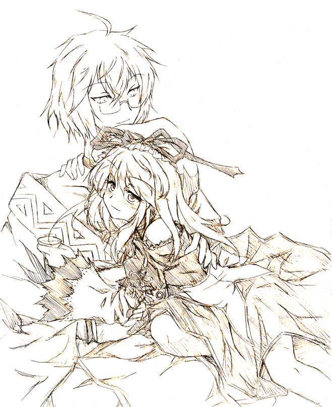 maou mikage, mikage (artist), morichika rinnosuke, yakumo yukari, touhou, bad id, bad pixiv id, 1boy, 1girl, alcohol, blush, brown theme, choker, couple, hat, hetero, long hair, monochrome, ribbon, sake