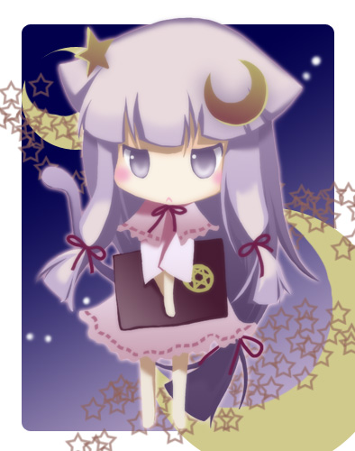 munyumunyu, yuge sasatarou, patchouli knowledge, touhou, lowres, 1girl, animal ears, barefoot, cat ears, cat girl, chibi, crescent, crescent hair ornament, female focus, hair ornament, solo