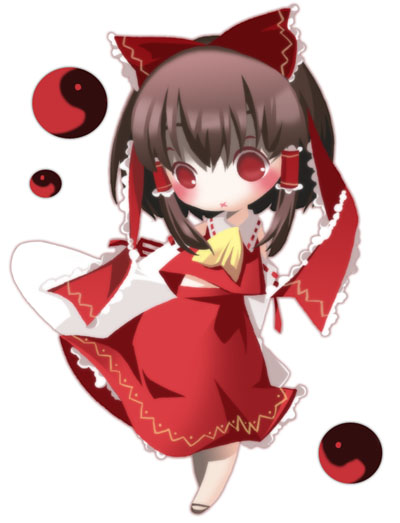 munyumunyu, yuge sasatarou, hakurei reimu, touhou, 1girl, ascot, blush, bow, brown hair, chibi, collar, detached sleeves, female focus, hair bow, hair tubes, long sleeves, red bow, red eyes, red skirt, ribbon-trimmed sleeves, ribbon trim, short hair, sidelocks, simple background, skirt, solo, vest, white background