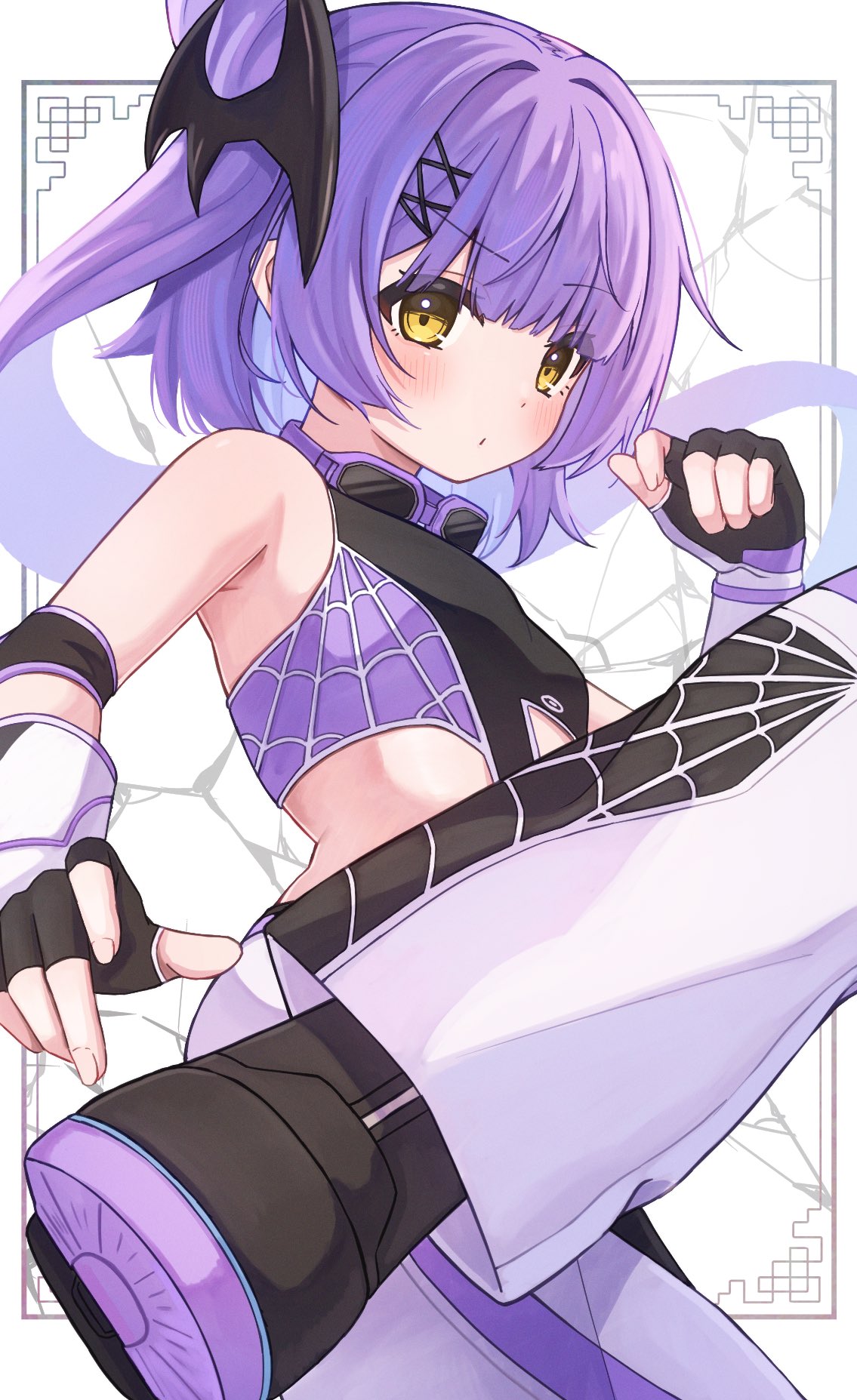 anku, shinomiya runa, vspo!, commentary request, highres, 1girl, black gloves, blush, closed mouth, fingerless gloves, gloves, hair ornament, hair tie, looking at viewer, pants, purple hair, shoes, sleeveless, solo, virtual youtuber, white background, x hair ornament, yellow eyes