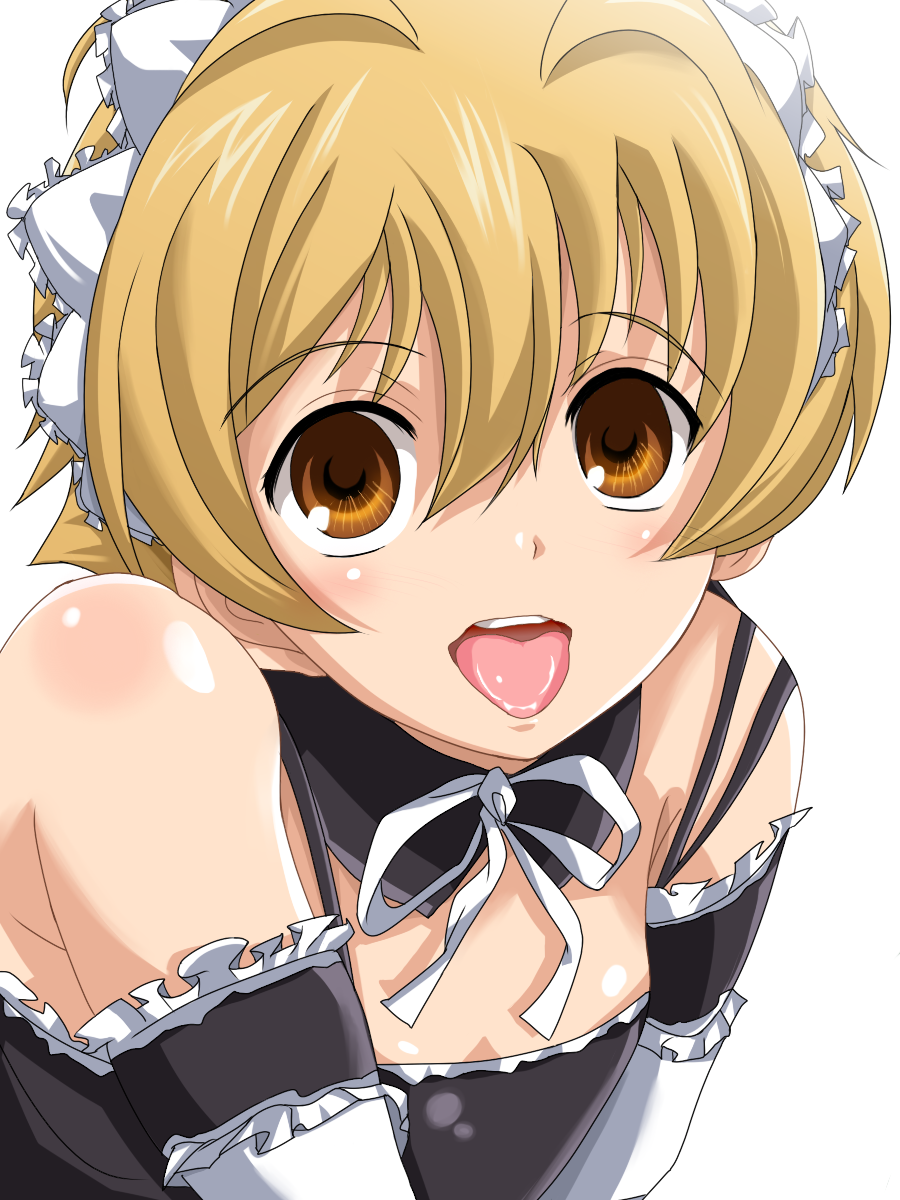 yuni futoshi, yunita (hallelujah), haninozuka mitsukuni, ouran high school host club, highres, 00s, 1boy, blonde hair, blush, crossdressing, crossdressing (mtf), maid, male focus, male maid, simple background, solo, tongue, trap, white background