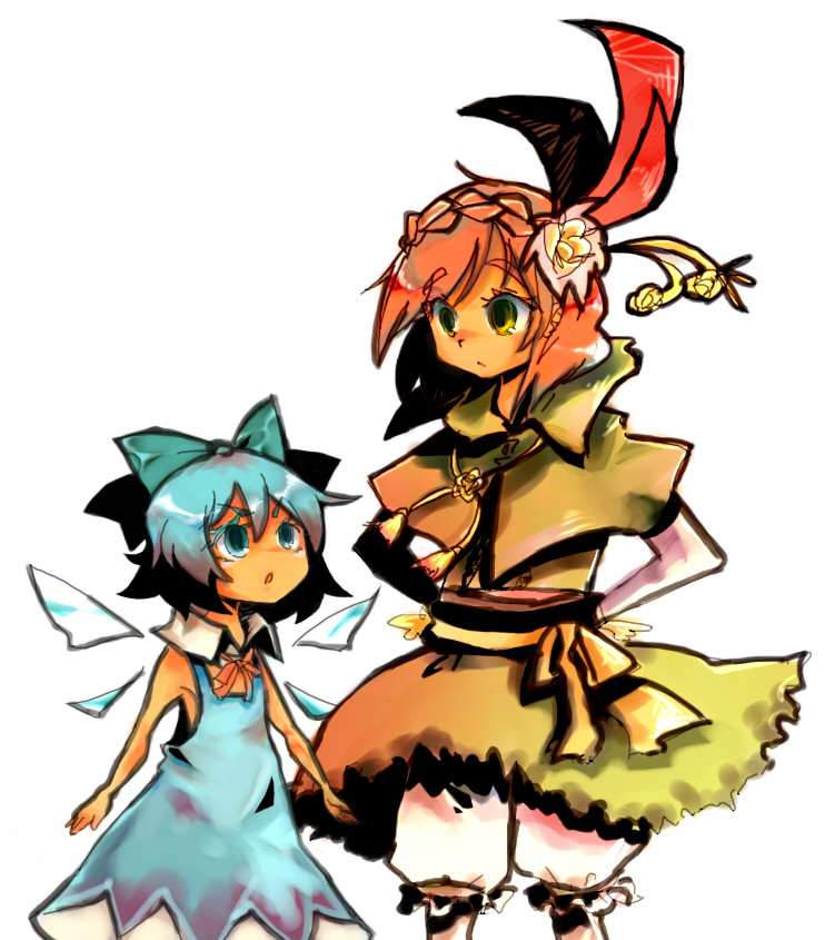 k no hito, cirno, touhou, bad id, bad pixiv id, 2girls, blue eyes, blue hair, dress, female focus, multiple girls, plant, red hair, short hair, white background, wings, yellow eyes