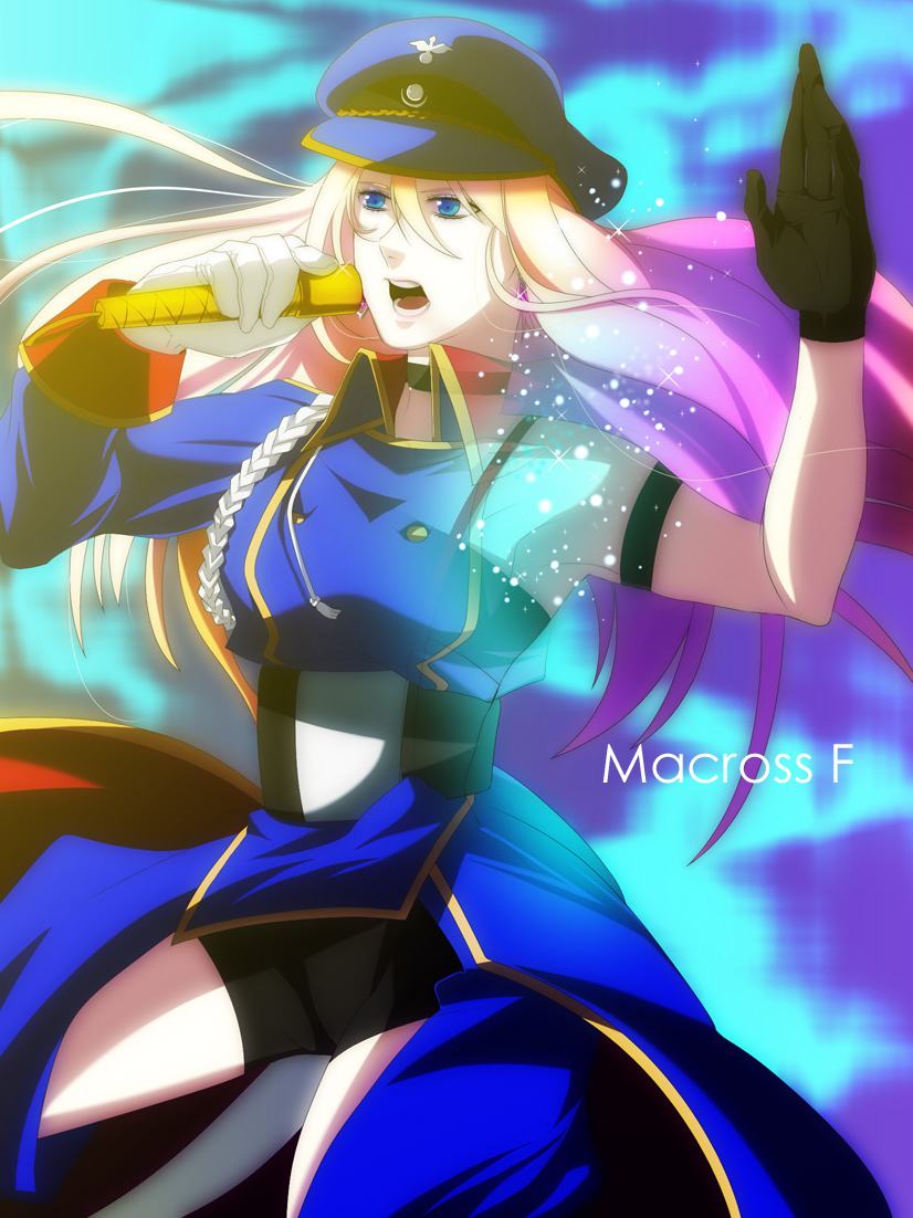 sheryl nome, macross, macross frontier, 00s, blue eyes, gloves, hat, idol, microphone, multicolored hair, music, neon lights, peaked cap, short shorts, shorts, singing, solo, sparkle
