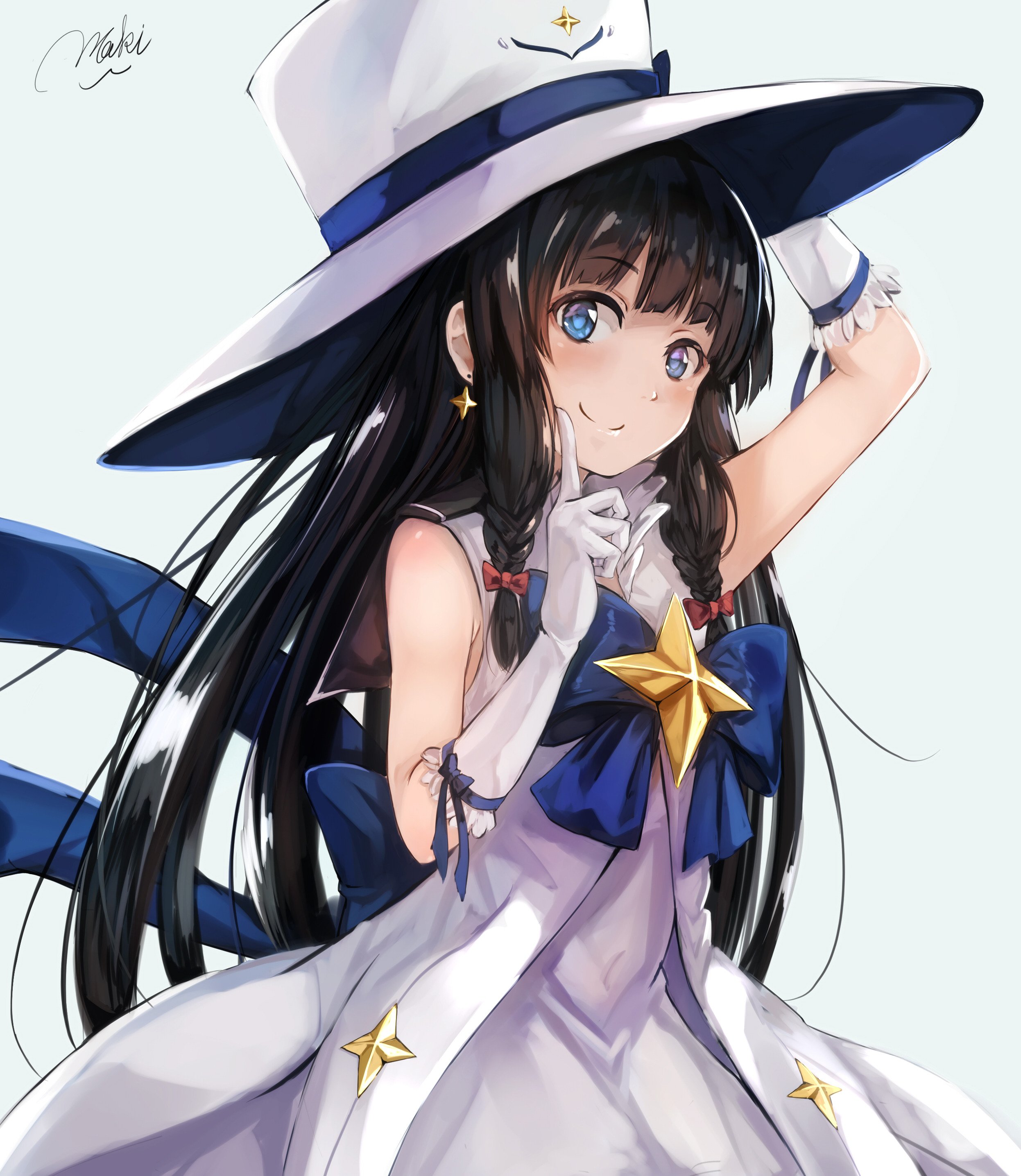 maki (maki pei), itsuki (houkago no pleiades), houkago no pleiades, absurdres, commentary request, highres, 1girl, back bow, black hair, blue bow, blue eyes, blue ribbon, blunt bangs, bow, braid, cowboy shot, dress, earrings, finger to cheek, frilled shirt collar, frills, gloves, hand on headwear, hat, index finger raised, jewelry, large hat, light blush, long hair, looking at viewer, red bow, ribbon, signature, simple background, single earring, smile, solo, star (symbol), star earrings, twin braids, white background, white dress, white gloves, white hat