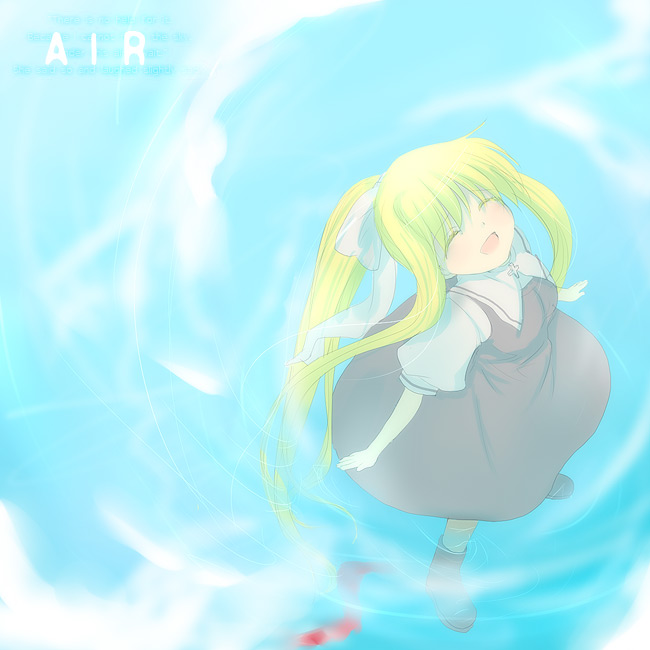 kayune niu, kamio misuzu, air (visual novel), 00s, 1girl, :d, ^ ^, black dress, blonde hair, blush, closed eyes, dress, female focus, full body, long hair, open mouth, ponytail, puffy short sleeves, puffy sleeves, short sleeves, sidelocks, smile, solo, standing, very long hair, wading, water