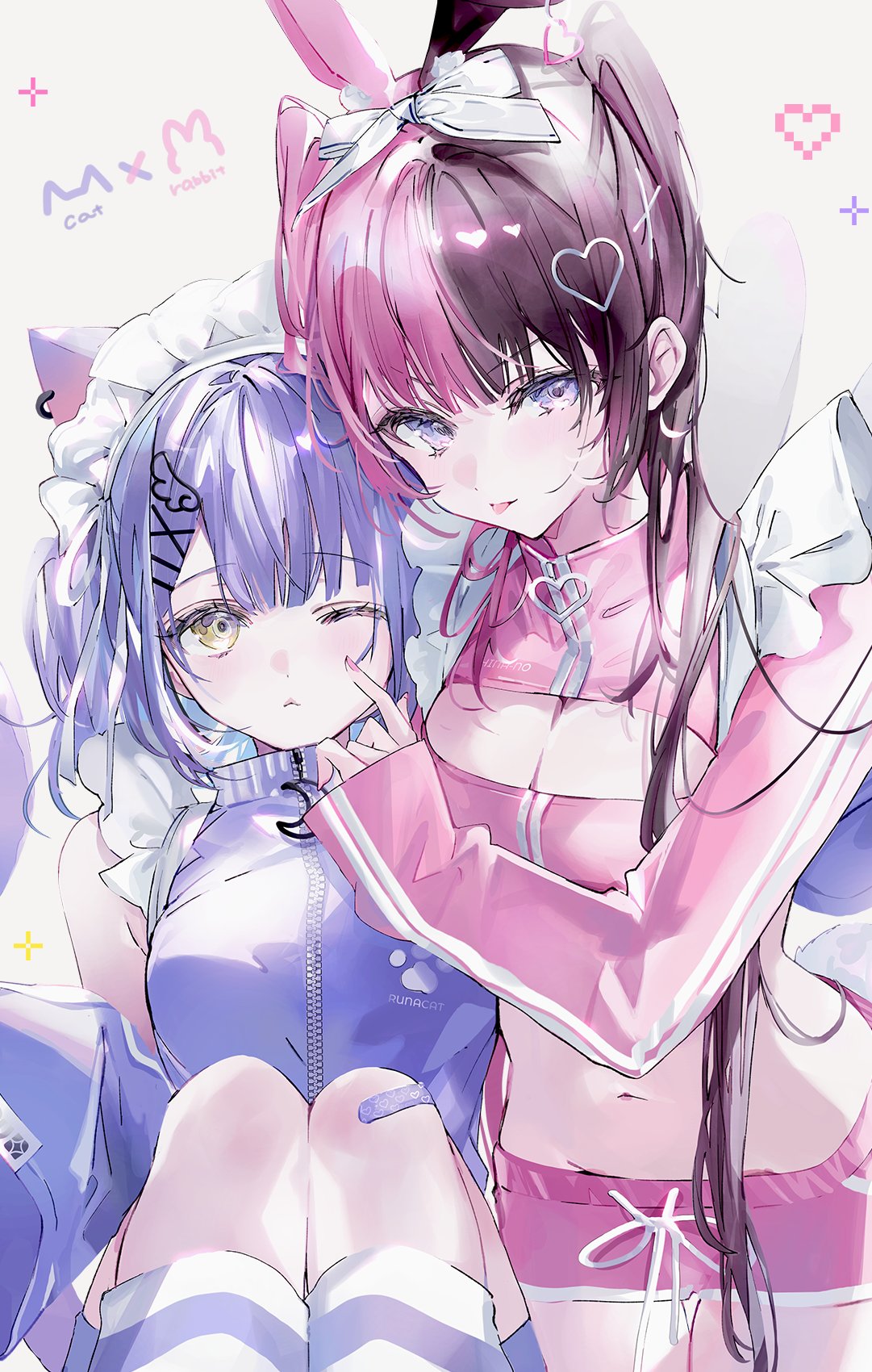 shia job, shinomiya runa, tachibana hinano, vspo!, commentary, highres, 2girls, animal ears, bandaid, black hair, bow, breasts, cleavage, cleavage cutout, closed mouth, clothing cutout, hair bow, hair ornament, hair tie, heart, heart hair ornament, jacket, looking at viewer, maid headdress, multicolored hair, multiple girls, navel, one eye closed, pink hair, pink shorts, purple eyes, purple hair, rabbit ears, shorts, split-color hair, tongue, tongue out, track jacket, two-tone hair, virtual youtuber, white bow, x hair ornament, yellow eyes
