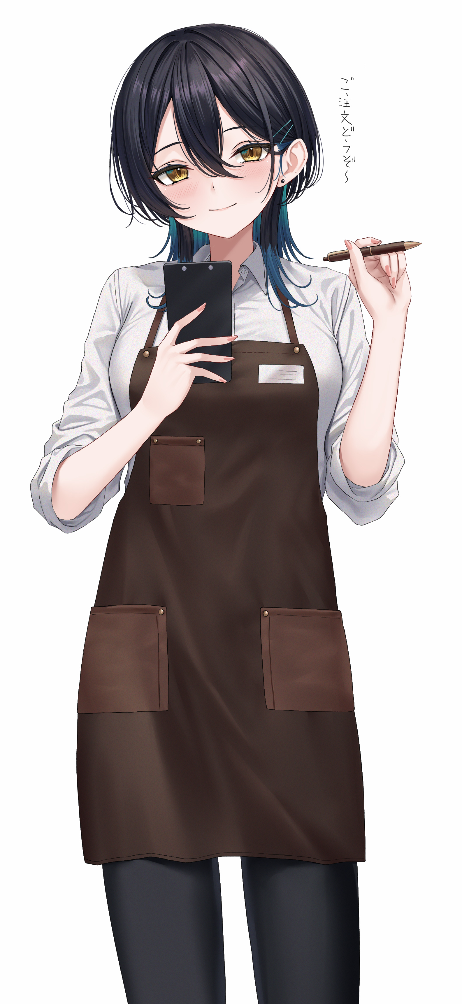 rama (yu-light8), original, absurdres, commentary request, highres, translation request, 1girl, apron, black hair, black pants, blush, brown apron, clipboard, closed mouth, collared shirt, cowboy shot, double-parted bangs, hair between eyes, hair ornament, hairclip, holding, holding clipboard, holding pen, long hair, looking at viewer, pants, parallel hairclips, pen, shirt, smile, solo, three-quarter sleeves, white shirt, yellow eyes