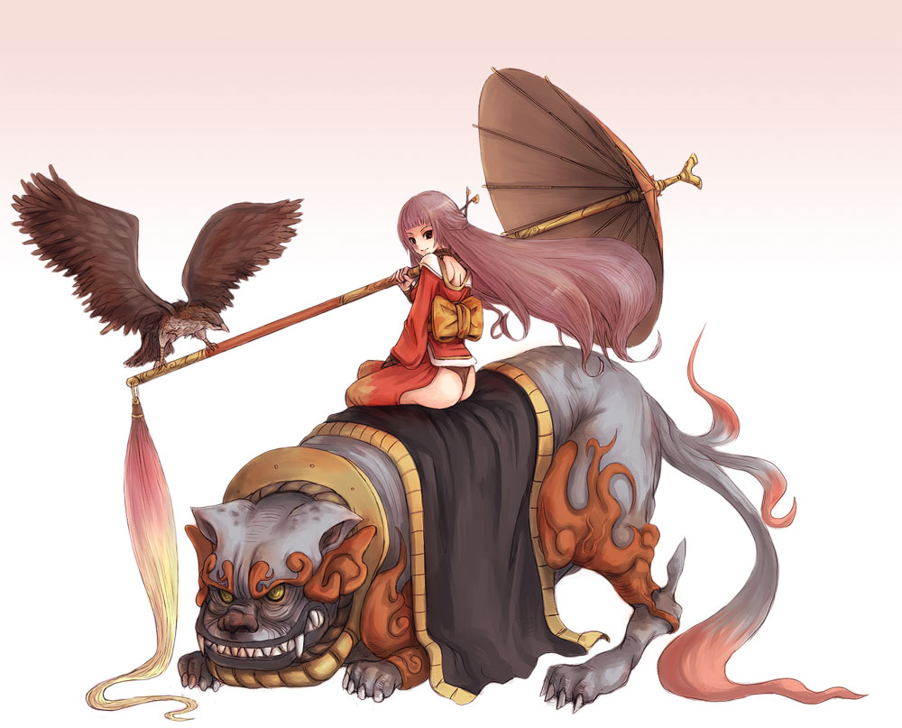kara (color), bad id, bad pixiv id, ass, bird, fantasy, hawk, japanese clothes, long hair, monster, mythological creature, oil-paper umbrella, sitting, solo, umbrella