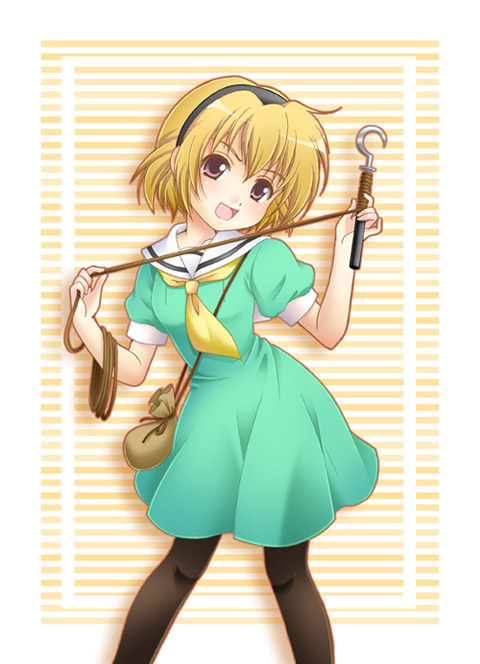 hiyori (nyatto), houjou satoko, higurashi no naku koro ni, 00s, 1girl, bag, blonde hair, dress, female focus, hairband, hook, open mouth, pantyhose, purple eyes, rope, sailor dress, short hair, solo, standing