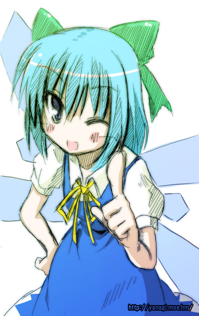 ryuuryuu, cirno, shoot the bullet, touhou, 1girl, bow, female focus, one eye closed, solo, wink