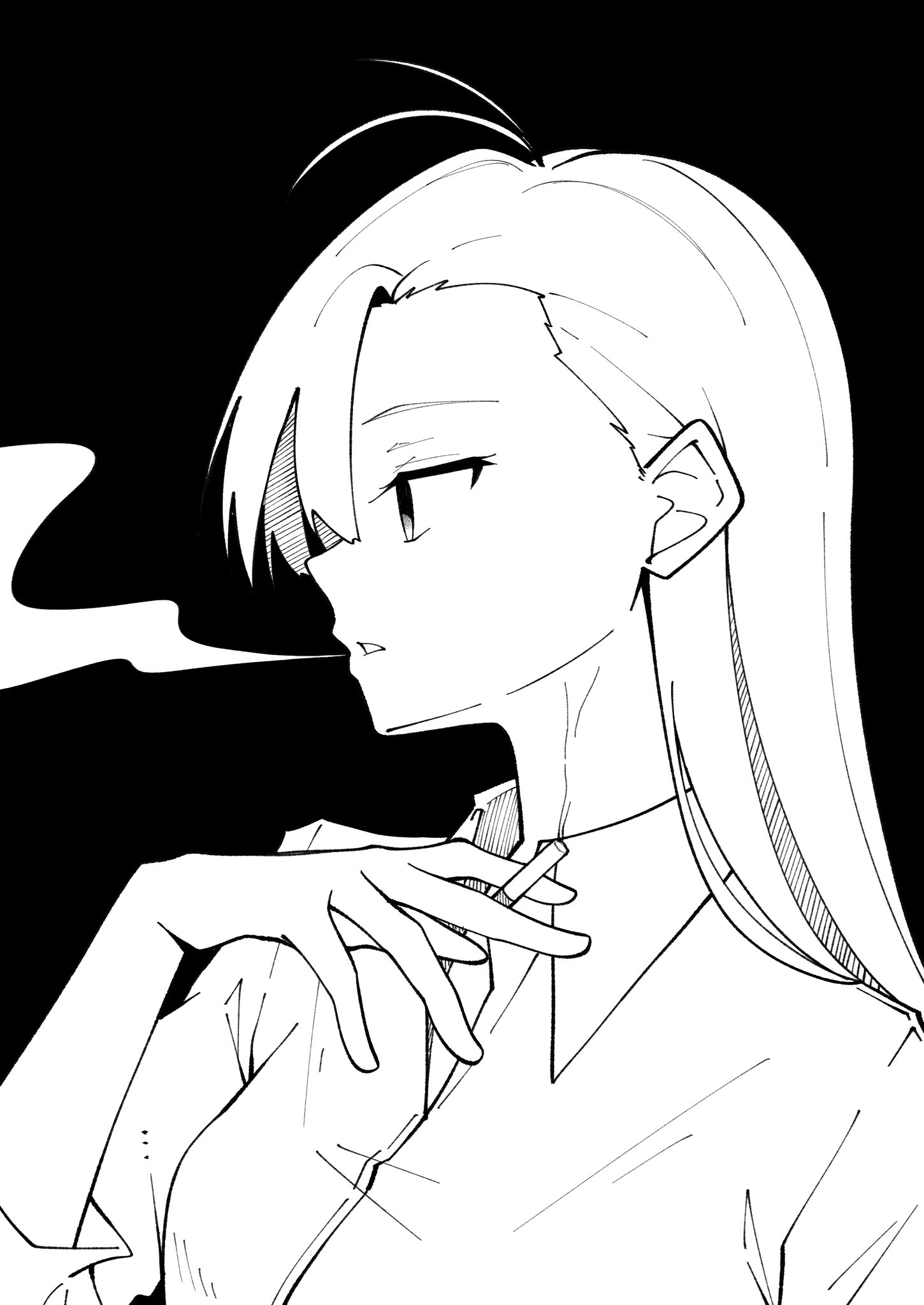 nori (norinori yrl), naima (ado), ado (utaite), readymade (ado), commentary, highres, symbol-only commentary, 1girl, ahoge, cigarette, greyscale, holding, holding cigarette, long hair, monochrome, simple background, smoke, solo, three-quarter sleeves, upper body