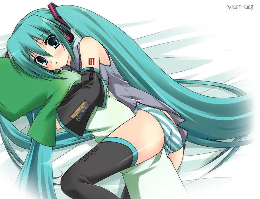 hayashi sakura, hatsune miku, vocaloid, detached sleeves, long hair, panties, solo, striped clothes, striped panties, thighhighs, underwear, very long hair