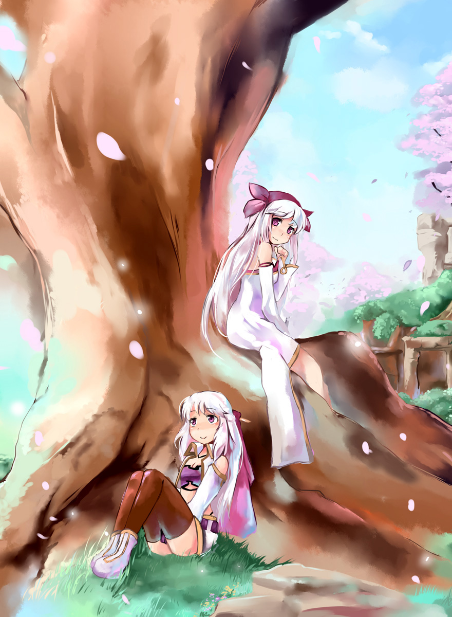 kgr, iris (latale), latale, bad id, bad pixiv id, highres, 2girls, cherry blossoms, hair ribbon, in tree, long hair, multiple girls, petals, pink eyes, ribbon, sitting, sitting in tree, smile, thighhighs, tree, white hair