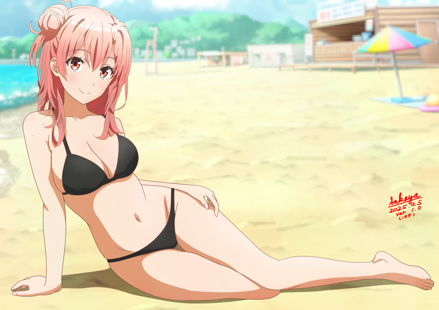 sakayaya, kuroe mayu, yuigahama yui, hibike! euphonium, yahari ore no seishun lovecome wa machigatteiru., commentary request, derivative work, 1girl, anime coloring, barefoot, beach, beach umbrella, bikini, black bikini, blue sky, breasts, cleavage, cloud, day, full body, hair bun, medium breasts, medium hair, outdoors, pink hair, red eyes, signature, single hair bun, single side bun, sitting, sky, solo, swimsuit, umbrella, yokozuwari