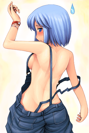 noise (tsuzuki), original, lowres, 1girl, ass, back, bare back, blue eyes, blue hair, blush, breasts, butt crack, female focus, looking back, matching hair/eyes, naked overalls, overalls, short hair, sideboob, solo, strap slip, suspenders, sweatdrop, wardrobe malfunction