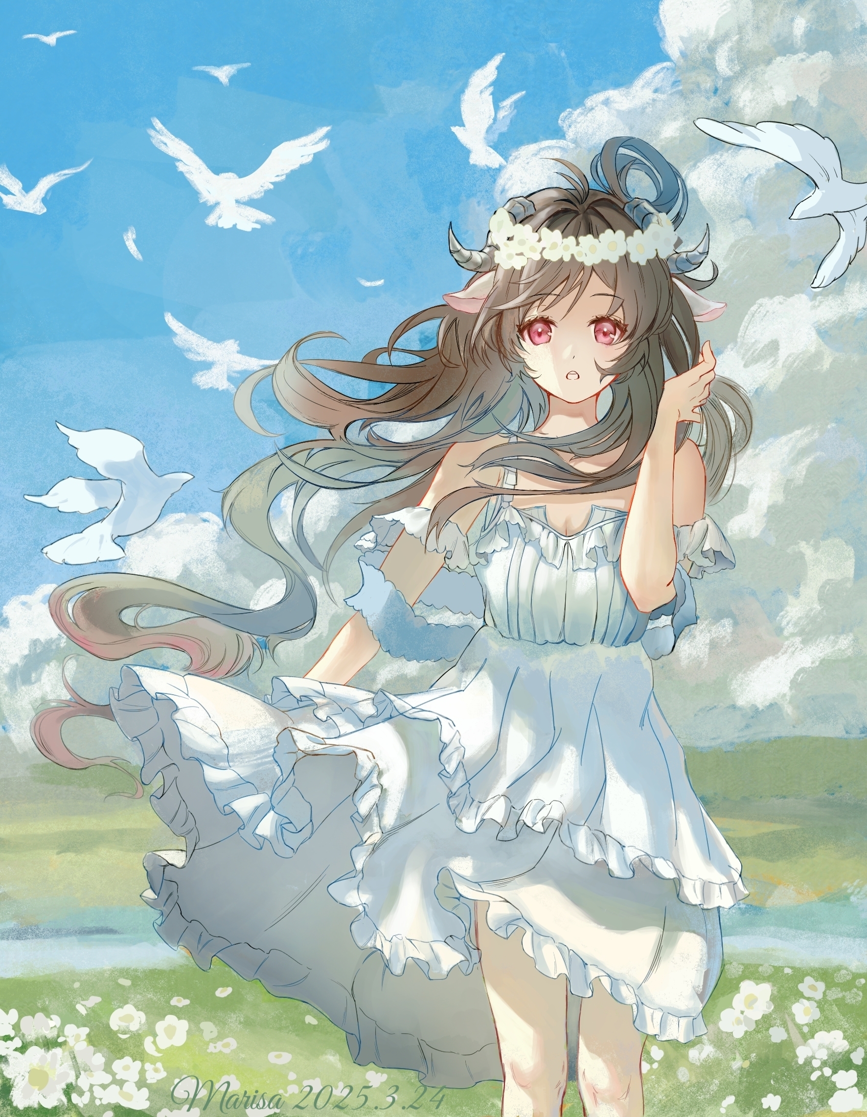 eyjafjalla (arknights), arknights, chinese commentary, commentary request, highres, 1girl, :o, animal, animal ears, bare shoulders, bird, breasts, brown hair, cleavage, cloud, cowboy shot, dated, dove, dress, field, flower, frilled dress, frills, grey horns, head wreath, horns, layered dress, long hair, looking at viewer, medium breasts, open mouth, red eyes, rural, sheep ears, sheep girl, sheep horns, solo, standing, white bird, white dress, white flower, wind, zhijiu808