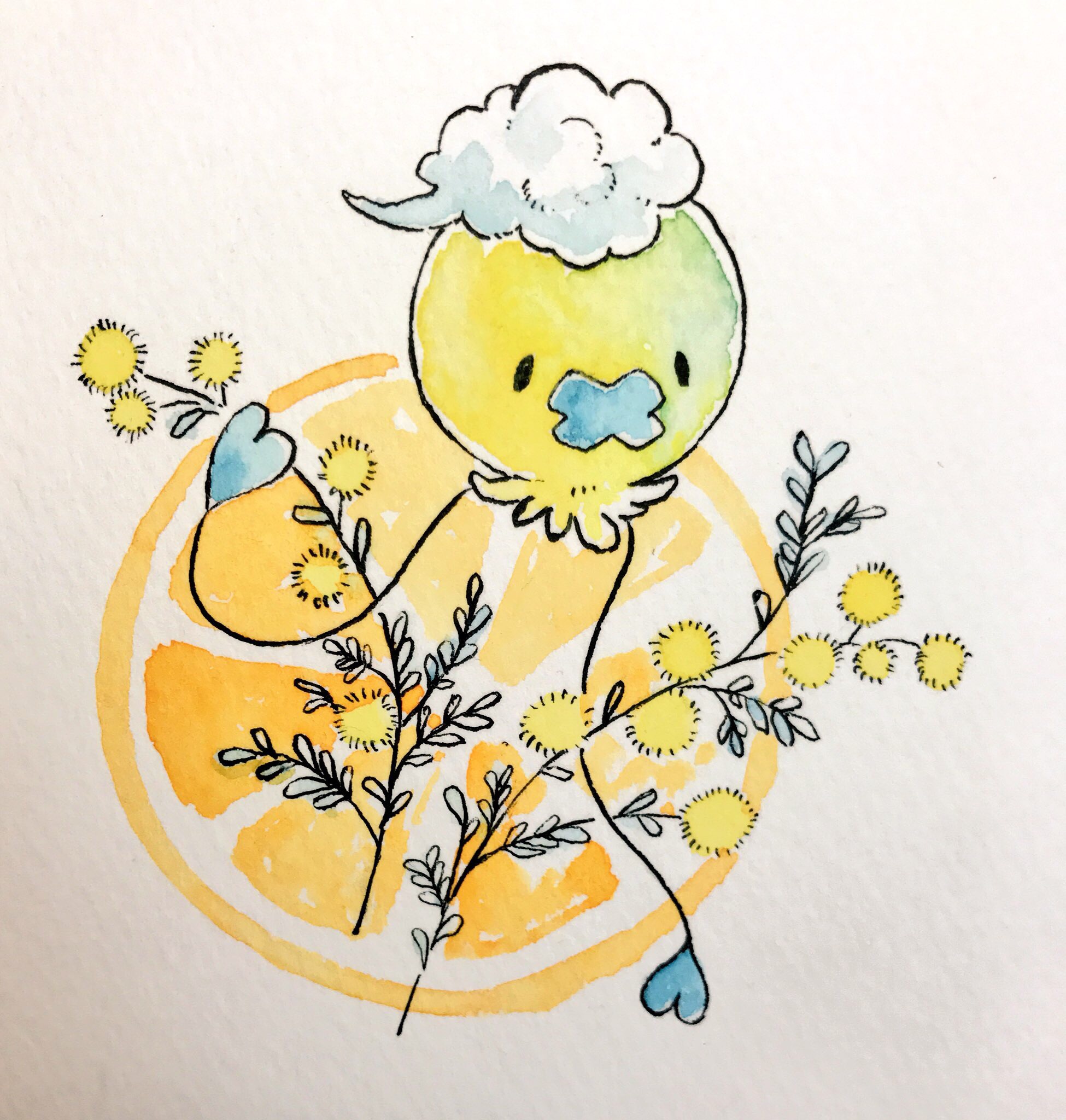 mint nappa, drifloon, nintendo, pokemon, commentary request, highres, painting (medium), traditional media, watercolor (medium), alternate color, flower, food, fruit, full body, gen 4 pokemon, no humans, orange (fruit), orange slice, pokemon (creature), shiny pokemon, simple background, solid oval eyes, solo, yellow flower
