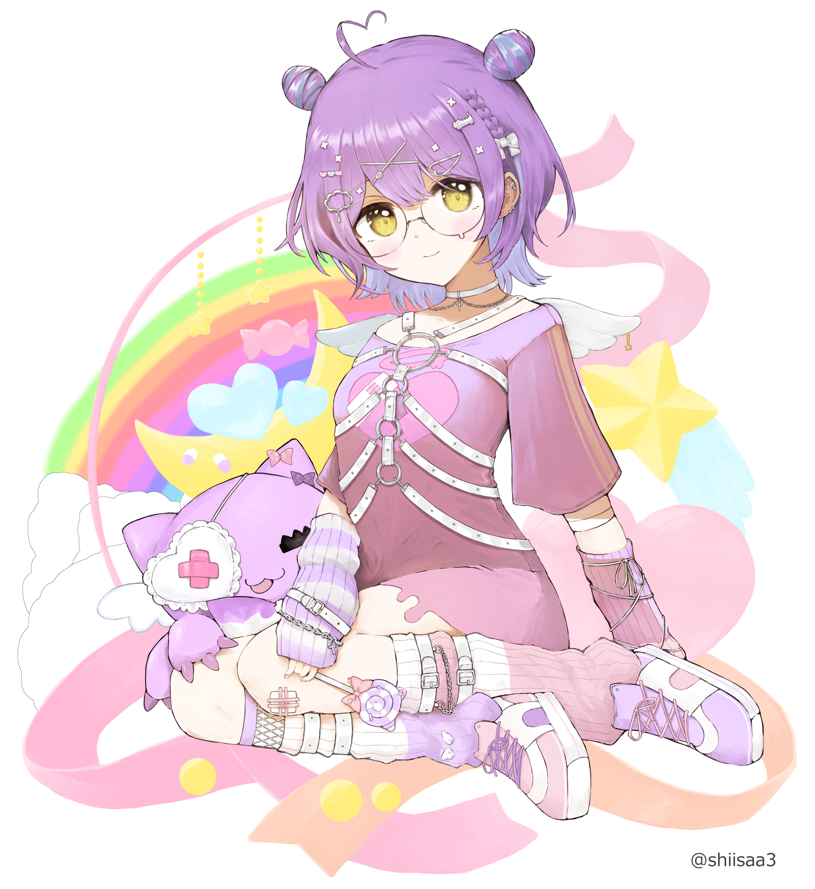 shiisaa3, shinomiya runa, shinomiya runa (4th costume), vspo!, commentary request, highres, 1girl, ahoge, arm warmers, blush, bow, braid, chest harness, closed mouth, collar, double bun, full body, gauze on knee, glasses, hair bow, hair bun, hair ornament, hairclip, harness, heart, heart ahoge, looking at viewer, purple arm warmers, purple hair, purple shirt, shirt, shoes, short sleeves, sitting, socks, solo, stuffed animal, stuffed toy, t-shirt, twitter username, virtual youtuber, white bow, white collar, yellow eyes
