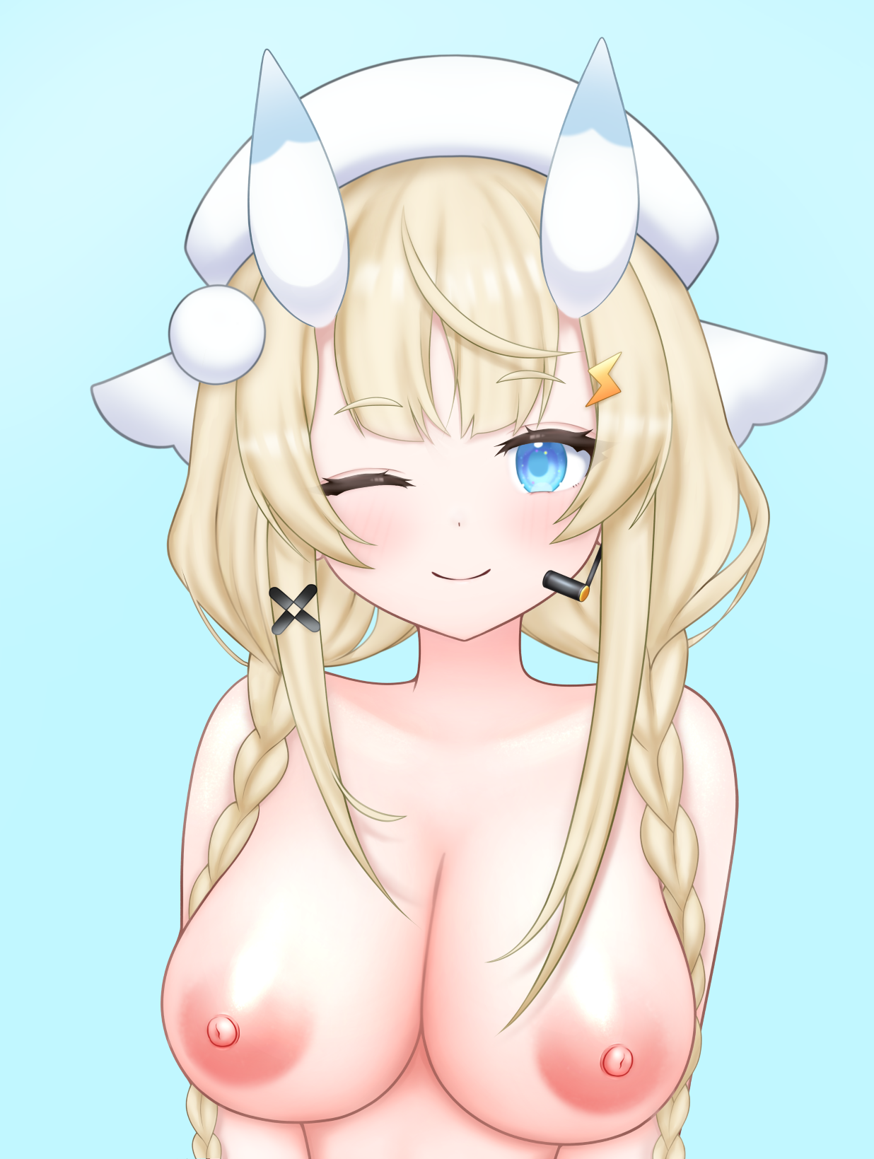 kadou mikaru, nijisanji, highres, 1girl, ;), blonde hair, blue background, blue eyes, blue horns, blush, braid, breasts, hair ornament, hair over shoulder, hat, headset, horns, kaerunoid, large breasts, lightning bolt, lightning bolt hair ornament, lightning bolt symbol, looking at viewer, low twin braids, multicolored horns, nipples, nude, one eye closed, pom pom (clothes), pom pom hair ornament, sidelocks, simple background, smile, solo, twin braids, two-tone horns, upper body, virtual youtuber, white hat, white horns, x hair ornament