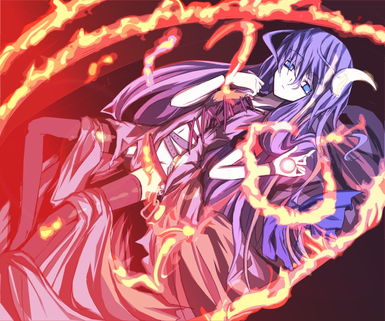 patchouli knowledge, touhou, 1girl, adapted costume, black thighhighs, blue eyes, crescent, crescent hair ornament, dress, expressionless, female focus, fire, hair ornament, long hair, long sleeves, looking at viewer, purple dress, purple hair, solo, thighhighs, very long hair, zettai ryouiki