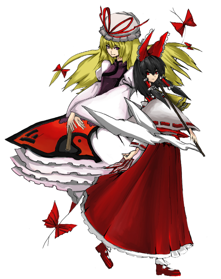 masuzou, hakurei reimu, yakumo yukari, touhou, 2girls, black hair, blonde hair, female focus, japanese clothes, long hair, miko, multiple girls, red eyes, ribbon