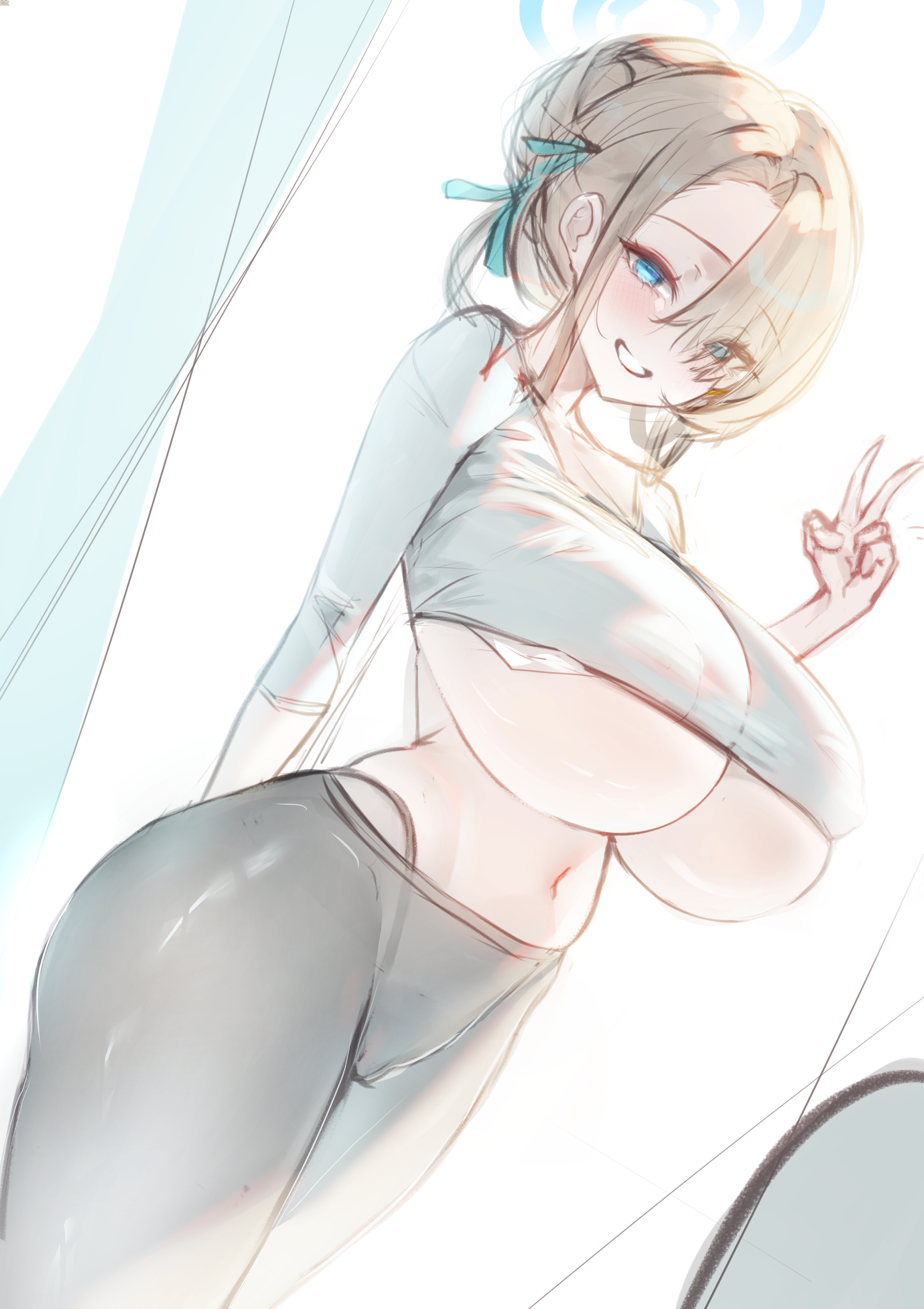 geonjeonji, asuna (blue archive), blue archive, absurdres, commentary, english commentary, highres, 1girl, alternate costume, alternate hairstyle, arm behind back, blonde hair, blue eyes, blue halo, blue ribbon, blush, breasts, covered erect nipples, cowboy shot, crop top, dated commentary, dutch angle, eyes visible through hair, grey pants, grey shirt, grin, hair between eyes, hair bun, hair over one eye, hair ribbon, halo, hand up, huge breasts, midriff, navel, pants, panty straps, parted lips, ribbon, shirt, short hair, single hair bun, sketch, smile, solo, standing, stomach, three-quarter sleeves, underboob, v, white background, yoga pants