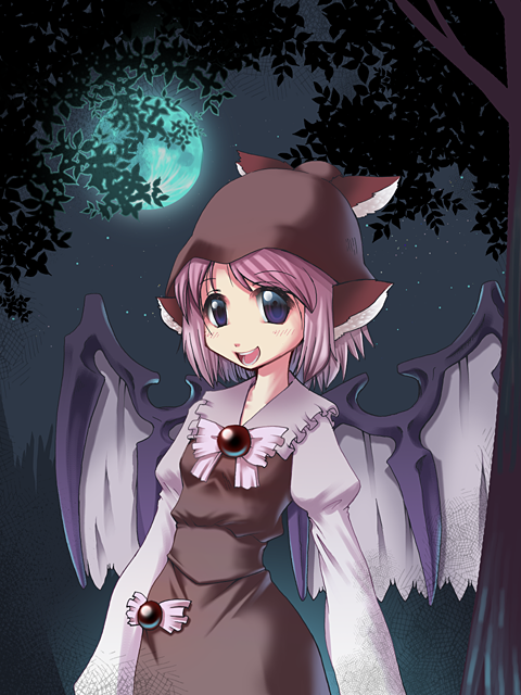 you naka, mystia lorelei, touhou, 1girl, :d, blue eyes, blush, brooch, brown dress, dress, feathered wings, female focus, gem, head wings, jewelry, juliet sleeves, long sleeves, looking at viewer, moon, moonlight, open mouth, outdoors, pink hair, plant, puffy sleeves, short hair, smile, solo, tree, under tree, wings