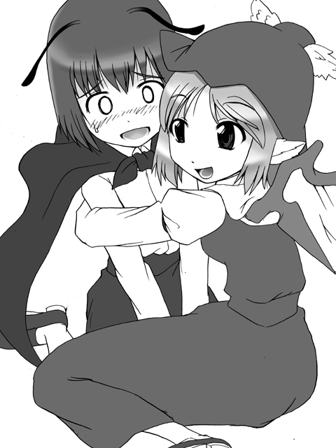 you naka, mystia lorelei, wriggle nightbug, touhou, 2girls, antennae, cape, female focus, greyscale, hug, monochrome, multiple girls, wings