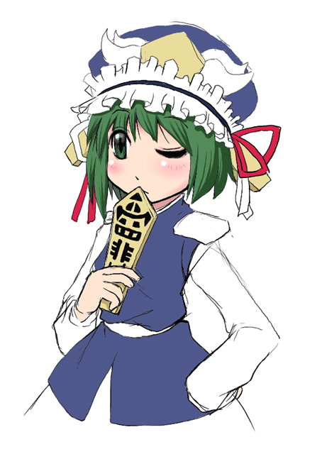 you naka, shiki eiki, touhou, 1girl, blush, female focus, green eyes, green hair, hat, matching hair/eyes, one eye closed, ribbon, rod of remorse, short hair, simple background, sketch, solo, thinking, wink