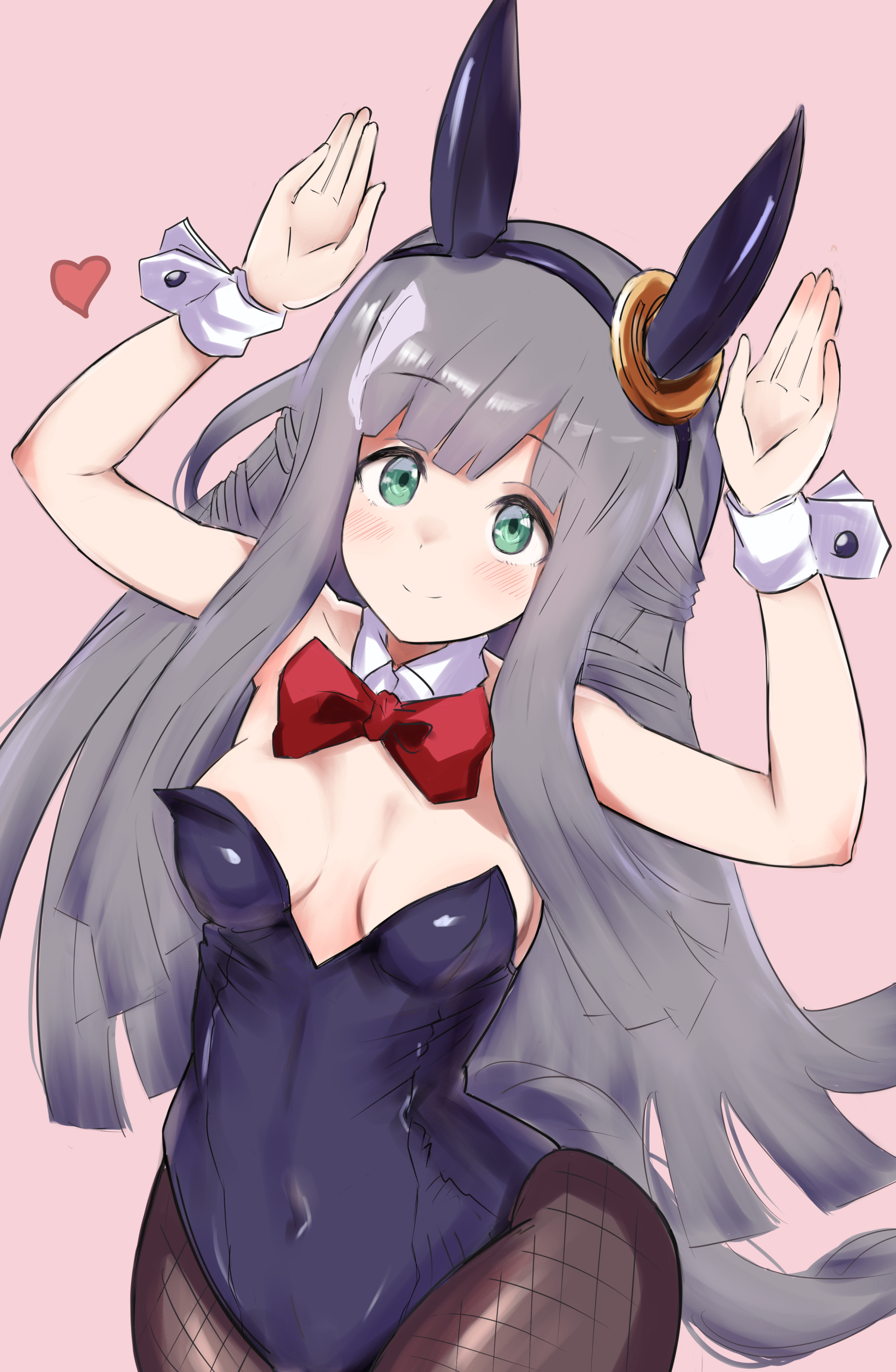 vandy76, chrono genesis (umamusume), umamusume, absurdres, commentary request, highres, 1girl, animal ears, blunt bangs, blush, breasts, closed mouth, collarbone, grey hair, hair between eyes, hair ornament, horse ears, horse girl, leotard, looking at viewer, navel, pantyhose, playboy bunny, rabbit pose, ribbon, simple background, small breasts, smile, solo