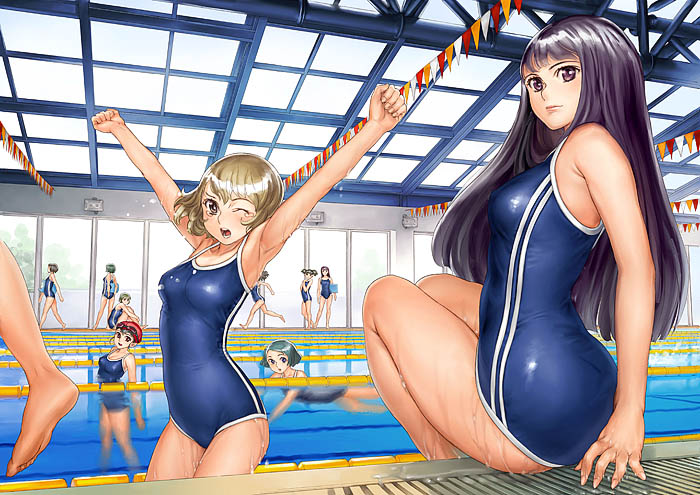 garex, 6+girls, armpits, arms up, black hair, competition school swimsuit, competition swimsuit, double vertical stripe, indoors, lane line, long hair, looking at viewer, multiple girls, one-piece swimsuit, one eye closed, outstretched arms, pool, poolside, school swimsuit, sitting, sleepy, stretching, swimsuit, tears, wet, wink