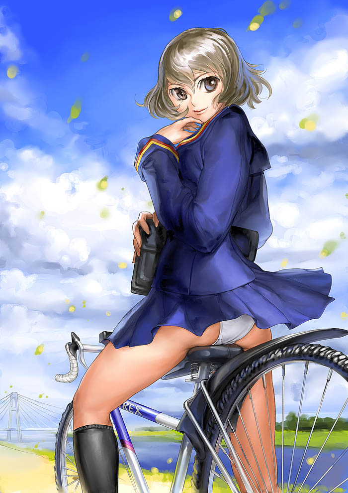 garex, ass, bicycle, brown hair, day, hybrid bicycle, panties, pantyshot, river, school uniform, serafuku, short hair, sky, smile, solo, underwear
