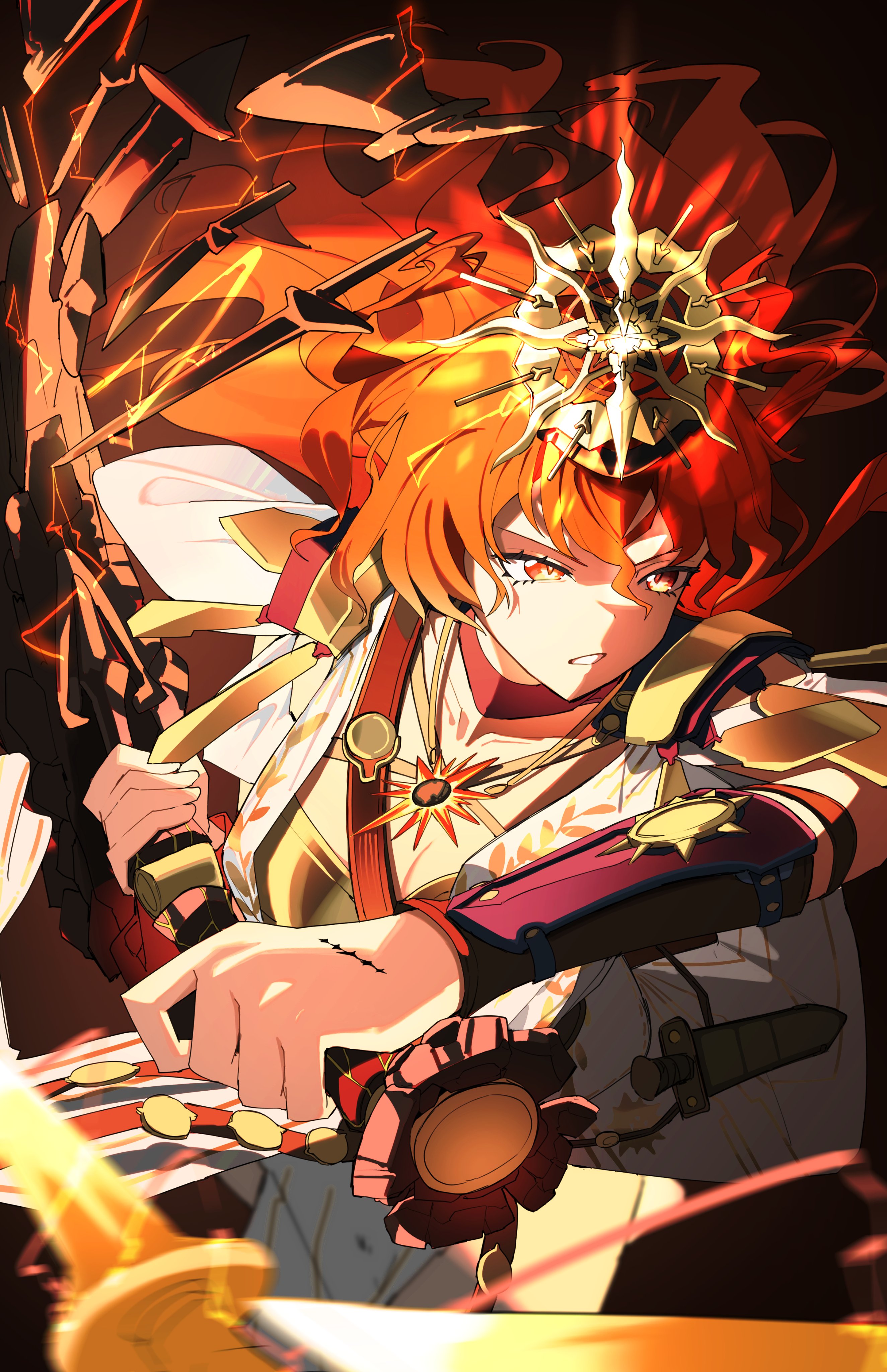 nun178089, augusta (wuthering waves), wuthering waves, absurdres, commentary, highres, 1girl, ancient greek clothes, arm armor, armor, breastplate, dress, electricity, greatsword, greco-roman clothes, headgear, holding, holding sword, holding weapon, long hair, looking ahead, orange eyes, orange hair, parted lips, sheath, solo, sun necklace, sword, tacet mark (wuthering waves), two-handed, v-shaped eyebrows, weapon, white dress