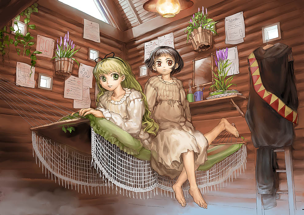 garex, 2girls, barefoot, black hair, brown theme, child, feet, green hair, hammock, indoors, long hair, looking at another, looking at viewer, lying, multiple girls, pajamas, room, roomscape, short hair, sitting