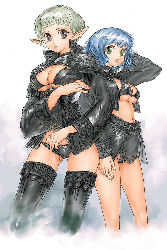 garex, original, silver hair, 2girls, black eyes, blue hair, boots, bra, breasts, green eyes, large breasts, lingerie, midriff, multiple girls, pointy ears, short hair, thigh boots, thighhighs, underboob, underwear