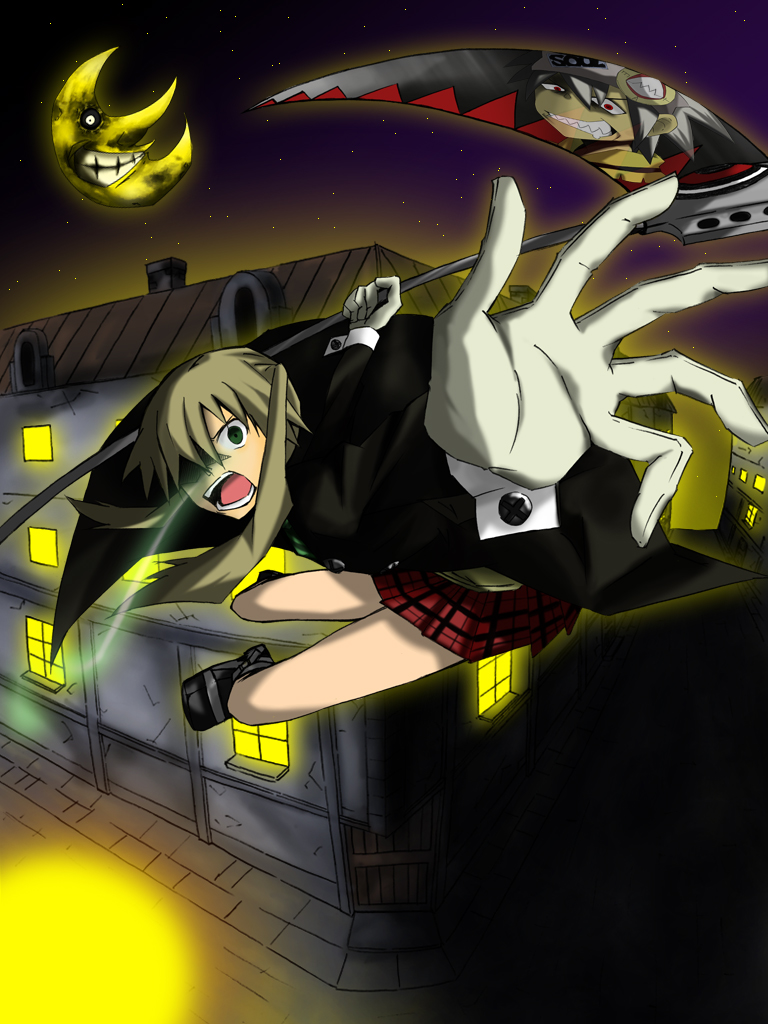 maka albarn, moon (soul eater), soul evans, soul eater, 00s, blonde hair, green eyes, hat, moon, scythe