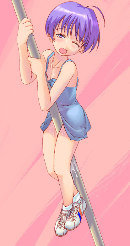 artist request, copyright request, 1girl, clothed masturbation, crotch rub, crotch rubbing against pole, crotch rubbing pole, dress, female focus, female masturbation, loli, masturbation, one eye closed, pole, pole grind, pussy juice, skirt, solo