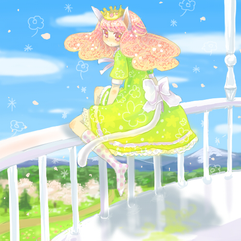 inase, bad id, bad pixiv id, lowres, animal ears, balcony, crown, dress, hat, long hair, pink eyes, pink hair, sitting, socks, solo, tail