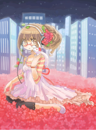 inase, bad id, bad pixiv id, brown eyes, brown hair, flower, glasses, headphones, long hair, petals, sitting, solo