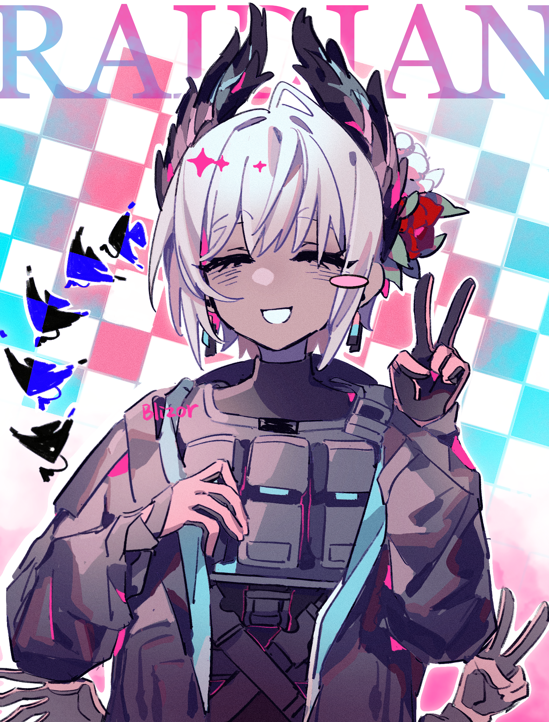 blissfulrainbizhuo, raidian (arknights), arknights, chinese commentary, commentary request, highres, 1girl, :d, ^ ^, black gloves, black jacket, black shirt, blush stickers, character name, closed eyes, extra arms, facing viewer, gloves, grey hair, grin, hand up, jacket, long sleeves, open clothes, open jacket, open mouth, outline, pink gloves, pouch, shirt, short hair, smile, solo, turtleneck, turtleneck shirt, upper body, v, white outline