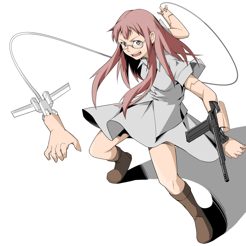 hiru okita, nekomura, bad id, bad pixiv id, 1girl, boots, dress, female focus, glasses, gun, long hair, open mouth, pink hair, red hair, solo, weapon