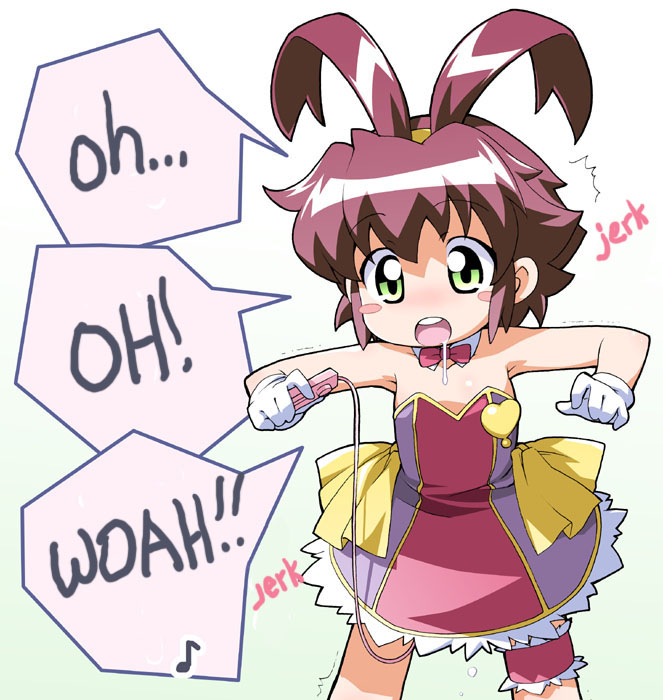 hiro hiroki, yuuma (magipoka), renkin san-kyuu magical pokaan, hard-translated, non-web source, third-party edit, translated, 1girl, blush, blush stickers, drooling, female focus, female masturbation, gradient background, loli, masturbation, pussy juice, saliva, sex toy, solo, vibrator