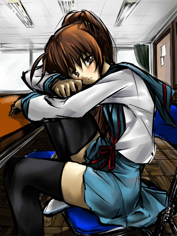 kurogoma (summer), kyonko, suzumiya haruhi no yuuutsu, 00s, 1girl, chair, female focus, genderswap, genderswap (mtf), ponytail, school uniform, serafuku, solo, thighhighs, zettai ryouiki